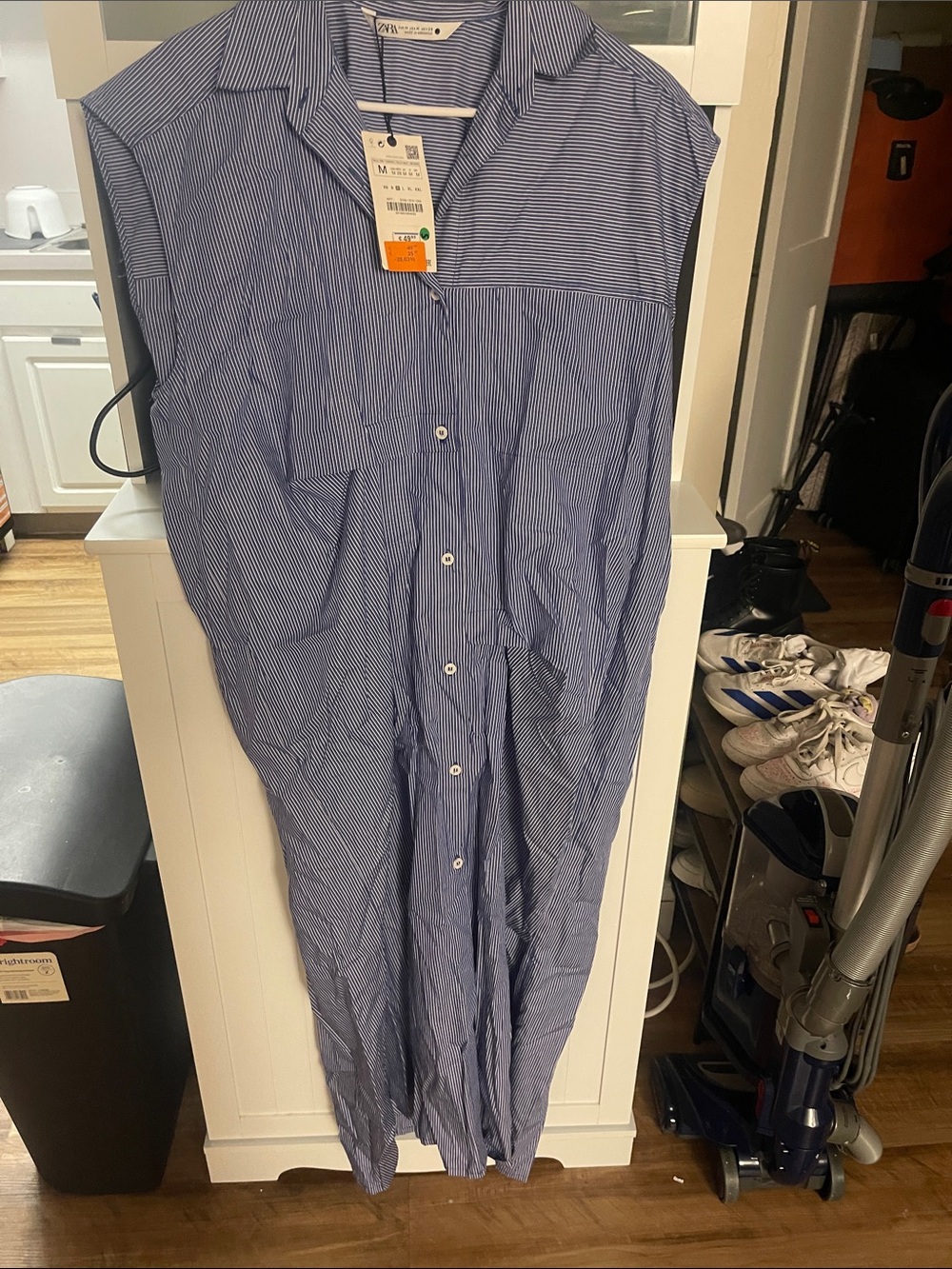 Zara Navy and White Pinstripe Sleeveless Jumpsuit